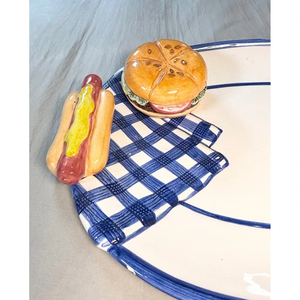 Vtg 90s lotus Ceramic BBQ Picnic Platter & Napkin Holder Set  Hot Dog hamburger